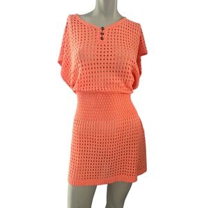 Aolro Cover Up Mini Dress Large Crochet Knit Button Detail Coral Beachy Resort‎